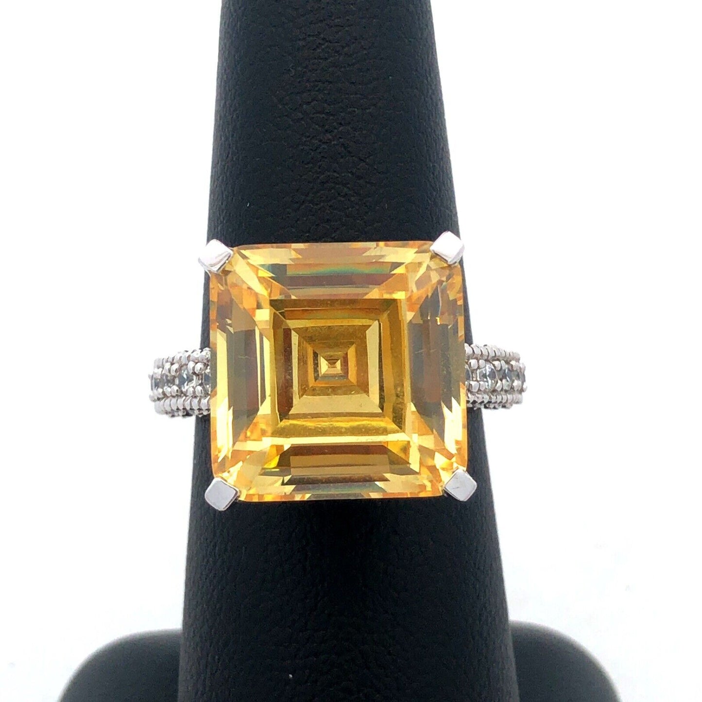 Designer 925 Sterling Silver Lemon White Cubic Zirconia Statement Cocktail Ring