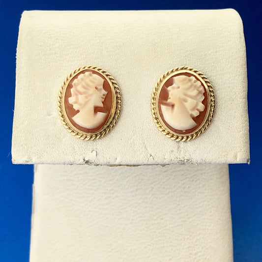 Vintage CARLA 14K Yellow Gold Oval Carved Shell Cameo Stud Earrings