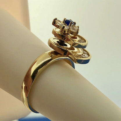 Retro 10K Yellow Gold Blue White Cubic Zirconia Star Comet Spinner Ring