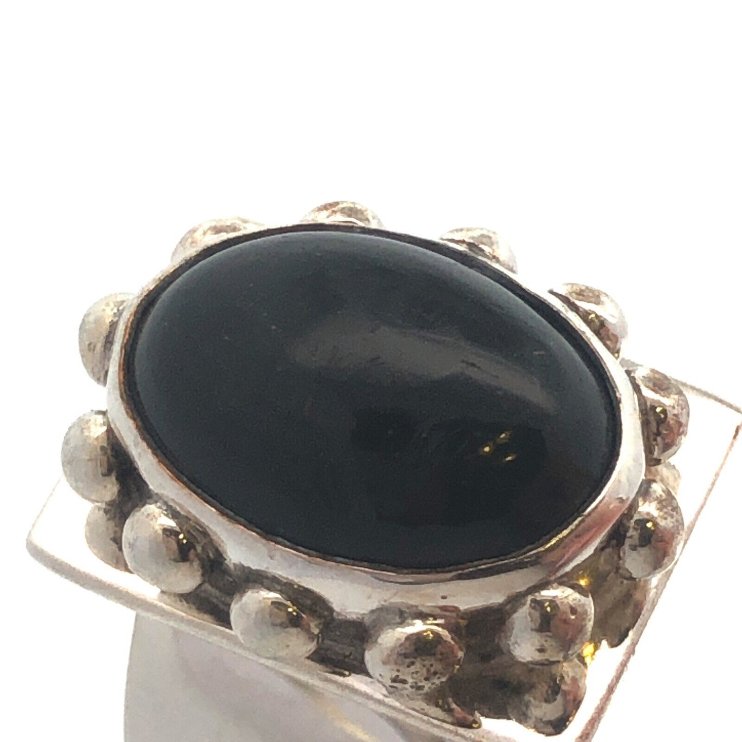 Vintage 925 Sterling Silver Oval Black Onyx Beaded Detail Statement Ring