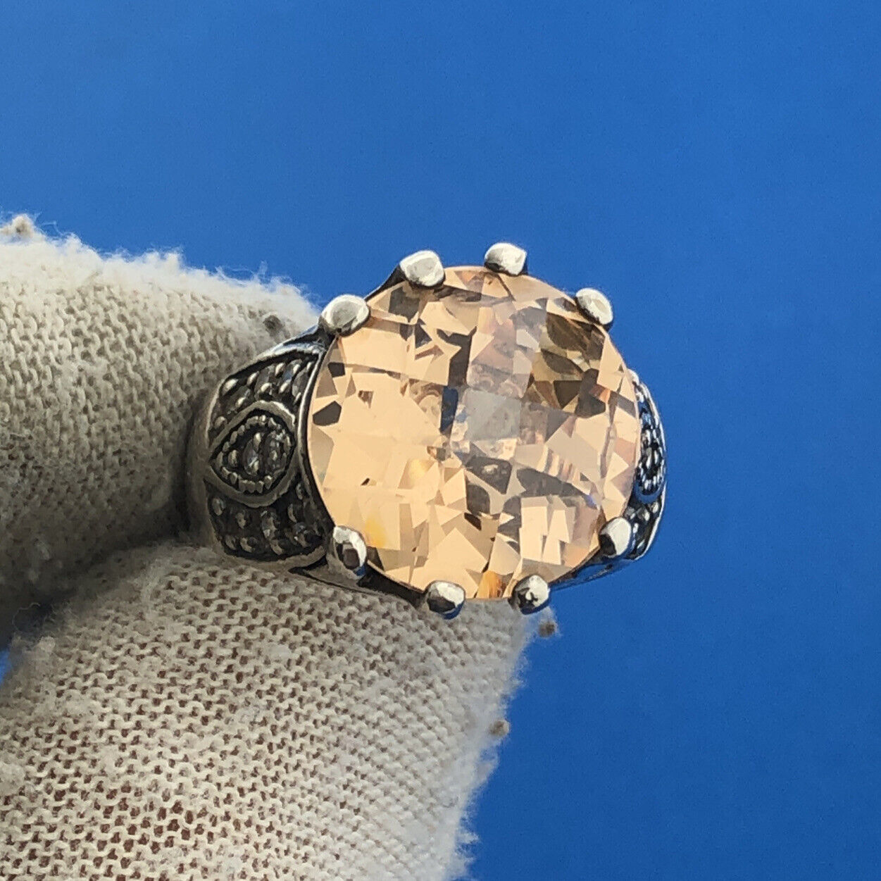 Vintage 925 Sterling Silver Cushion Cut Citrine CZ Statement Cocktail Ring