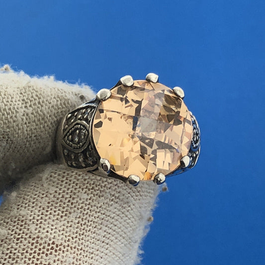 Vintage 925 Sterling Silver Cushion Cut Citrine CZ Statement Cocktail Ring