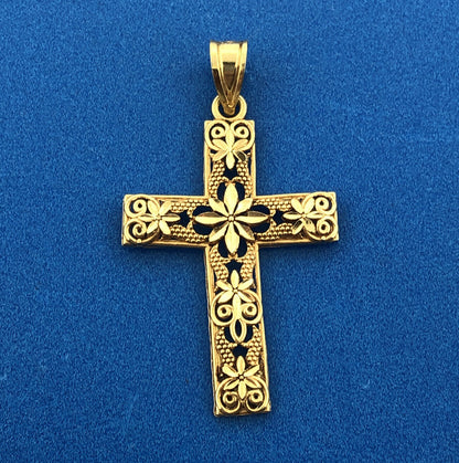 Gorgeous 14k Yellow Gold Openwork Religious Faith Floral Cross Dangle Pendant