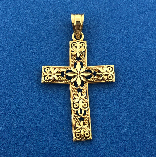 Gorgeous 14k Yellow Gold Openwork Religious Faith Floral Cross Dangle Pendant