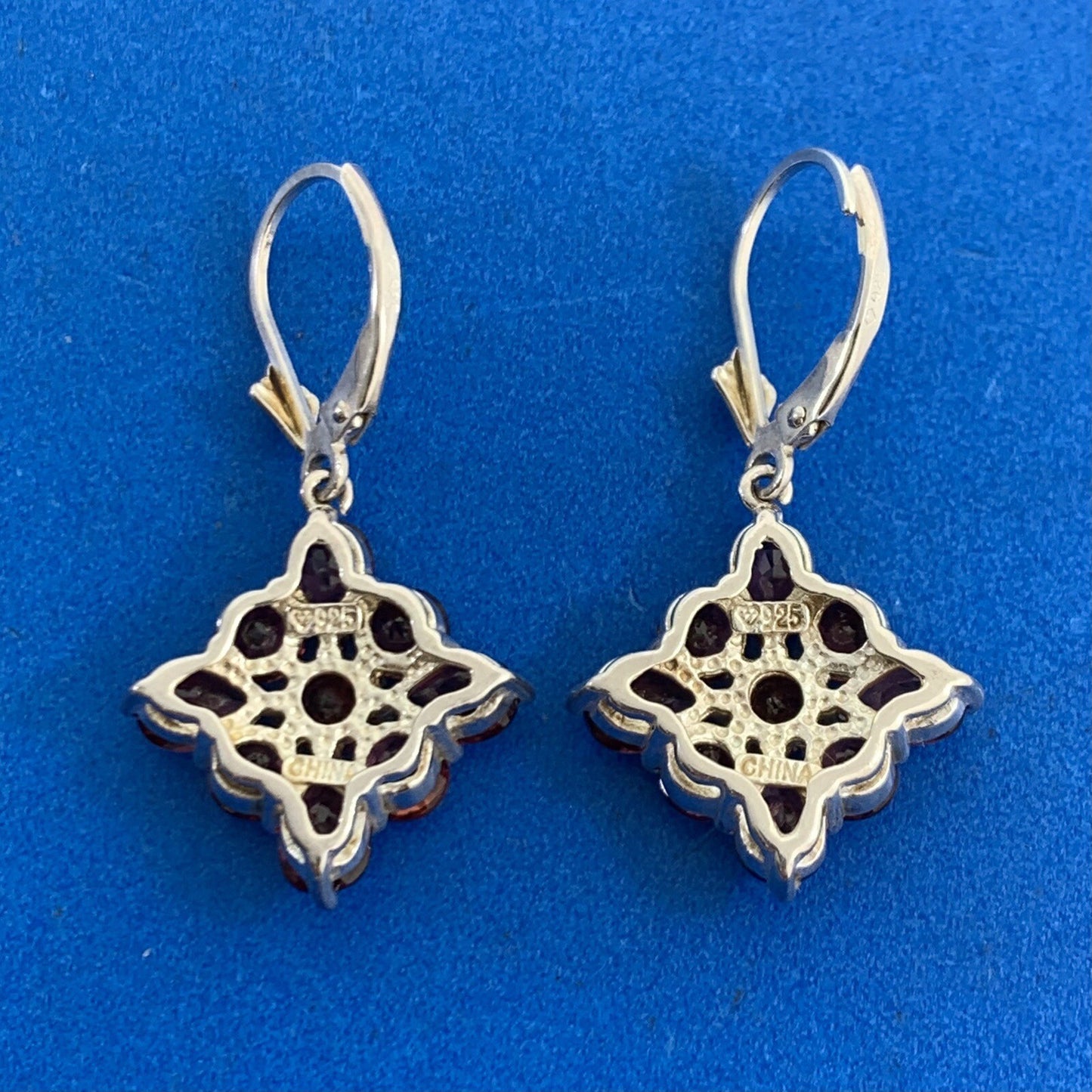 Designer 925 Sterling Silver Round & Pear Shaped Garnet Drop Leverback Earrings