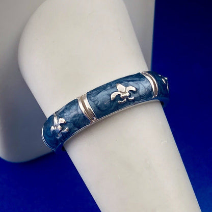 925 Sterling Silver Blue Enamel Fleur De Lis Cigar Band Ring