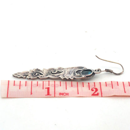 Vintage 925 Sterling Silver Turquoise Cabochon Scroll Dangle Drop Hook Earrings
