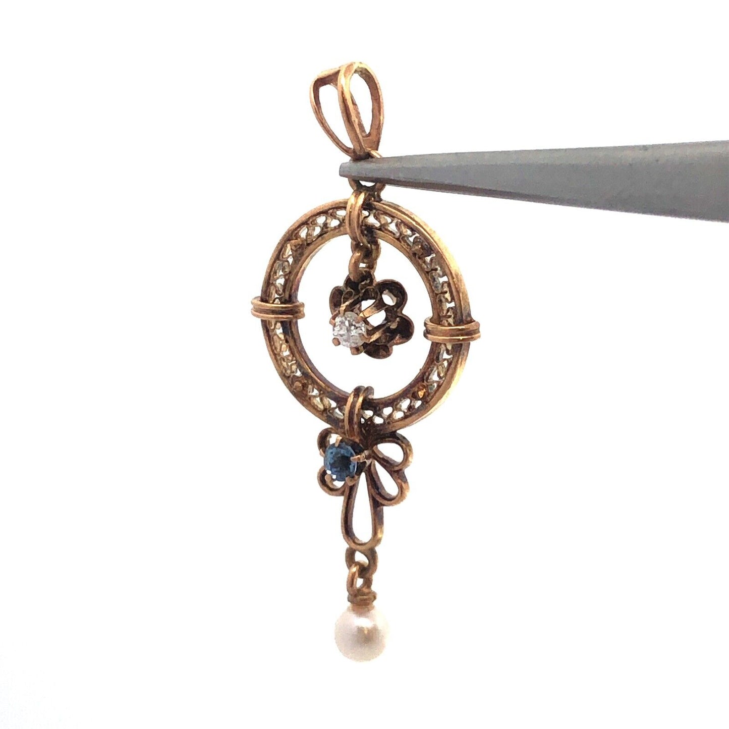 Art Nouveau 10K Yellow Gold Diamond Blue Topaz Pearl Drop Dangle Pendant