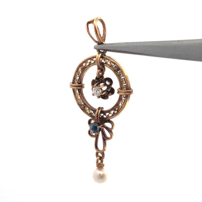 Art Nouveau 10K Yellow Gold Diamond Blue Topaz Pearl Drop Dangle Pendant