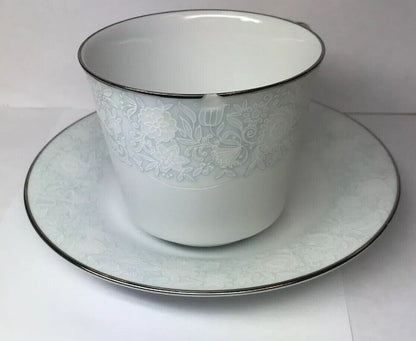 Retired Noritake Ravel Pattern White Flowers w/Blue Silver Trim Cup/Saucer Set