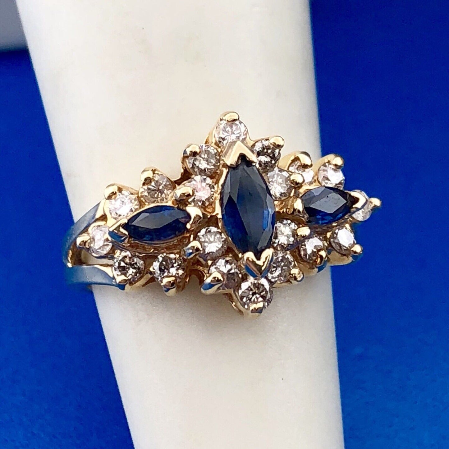 14K Yellow Gold Sapphire Diamond Halo Cluster Anniversary Bridal Cocktail Ring