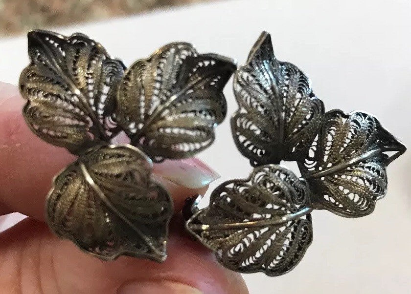 Vintage Art Deco 900 Stamped Silver Filigree Leaf Design Clip On Earrings