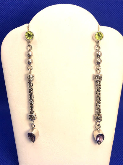 Peridot and Amethyst 925 Sterling Silver Round Chain Dangle Stud Earrings