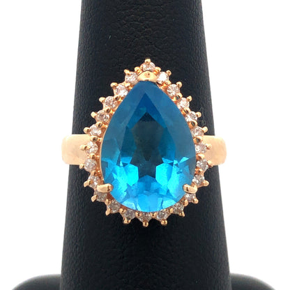 10K Yellow Gold Pear Blue Topaz Diamond Halo Statement Cocktail Ring