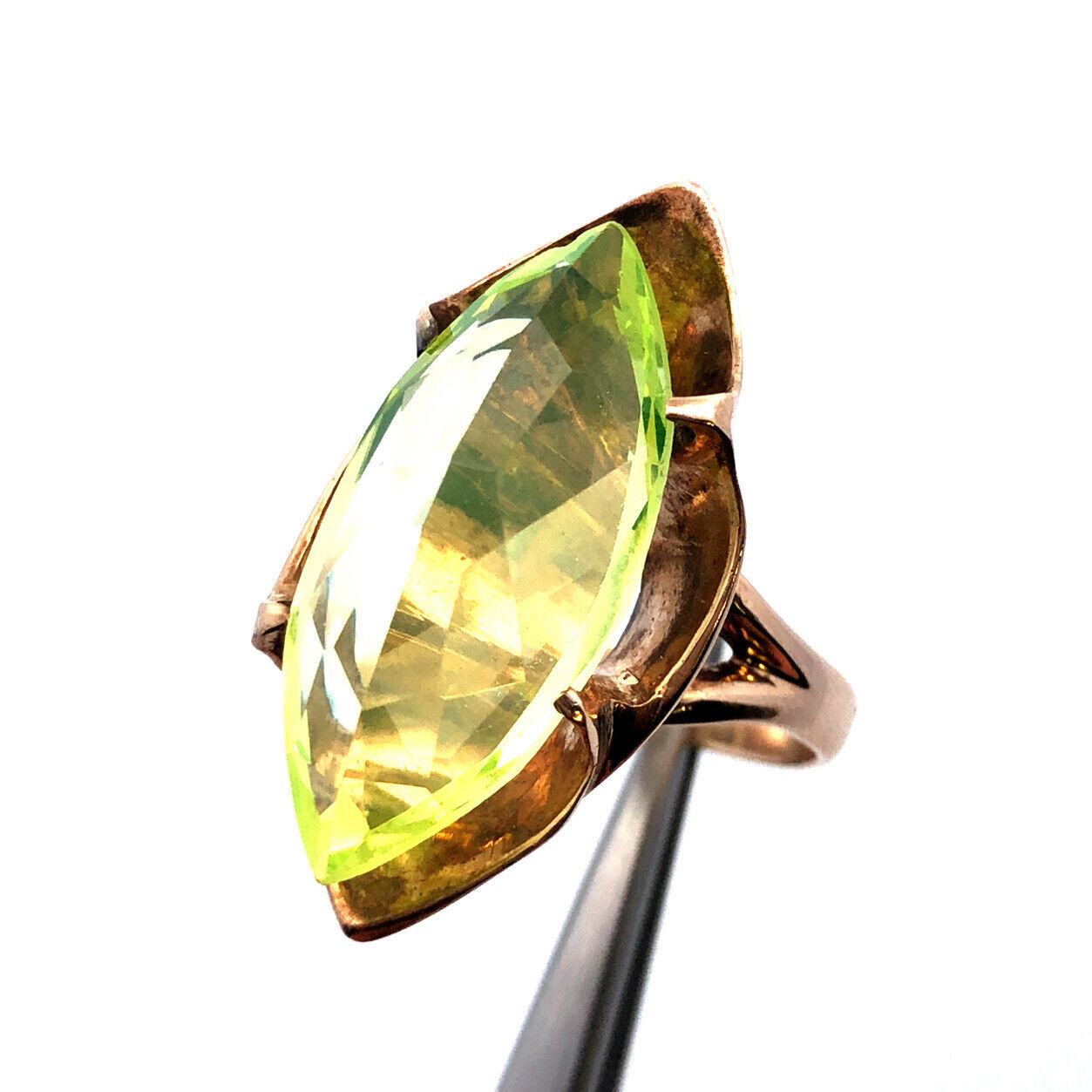 Vintage Custom 14K Yellow Gold Cushion Marquise Green Peridot Statement Ring