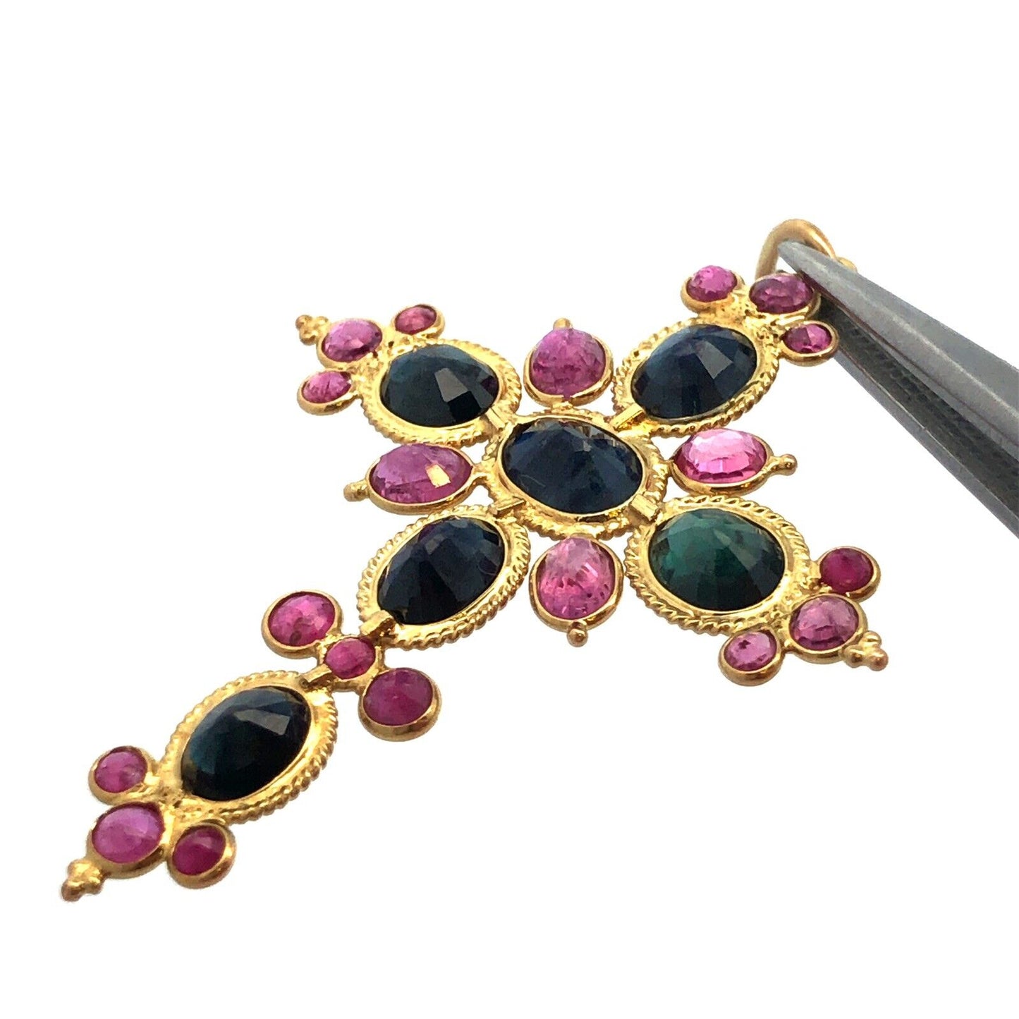 Estate 18K Yellow Gold Sapphire Ruby Statement Cross Religious Pendant