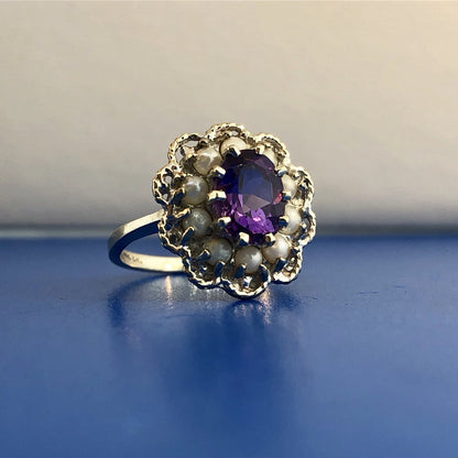 Estate 14K White Gold Amethyst Pearl Halo February Anniversary Sweetheart Ring