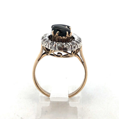 Vintage 14K Yellow Gold Black Star Sapphire White Amethyst Halo Cocktail Ring