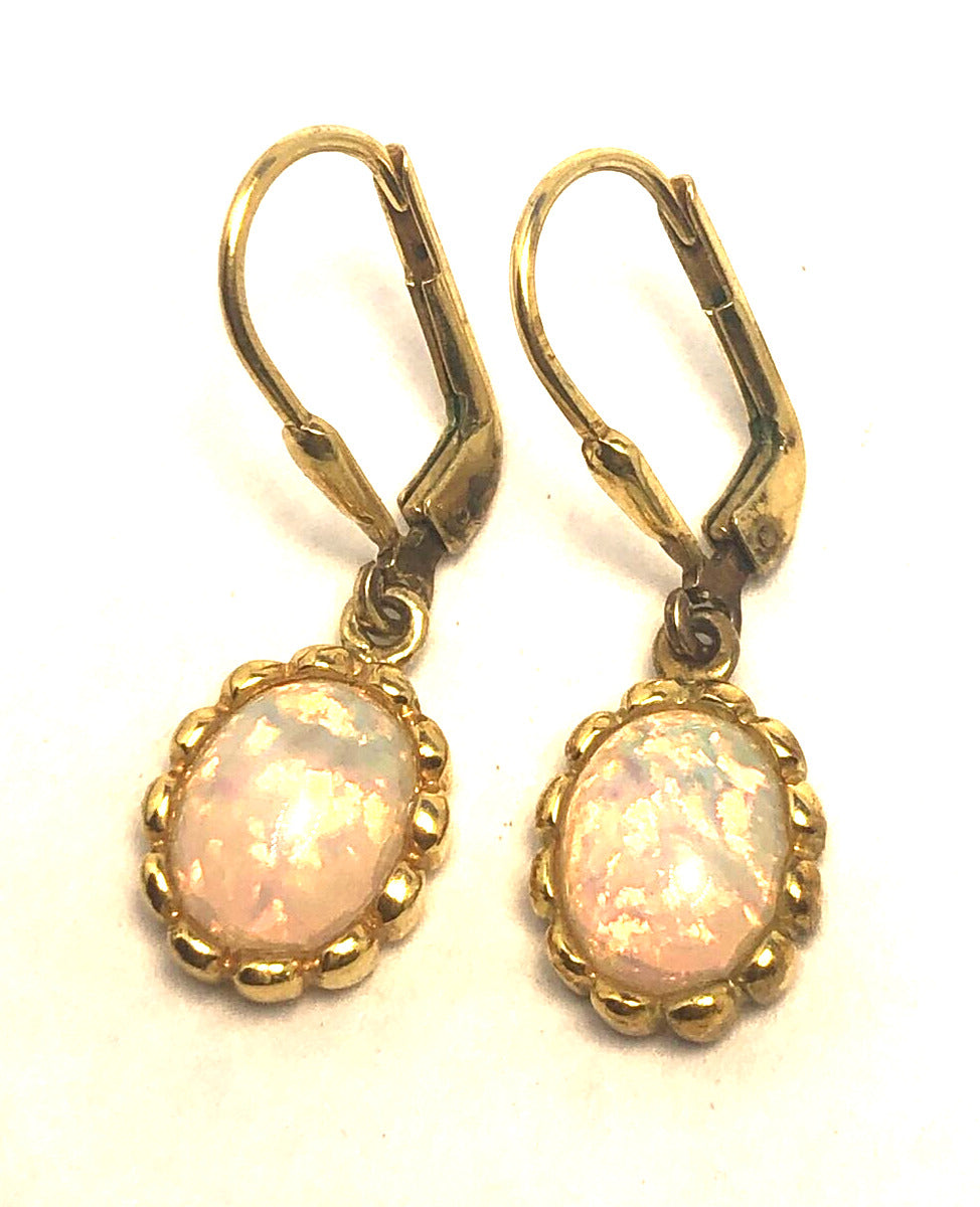 Estate 925 Sterling Silver Vermeil Oval Opal Cabochon Dangle Drop Earrings