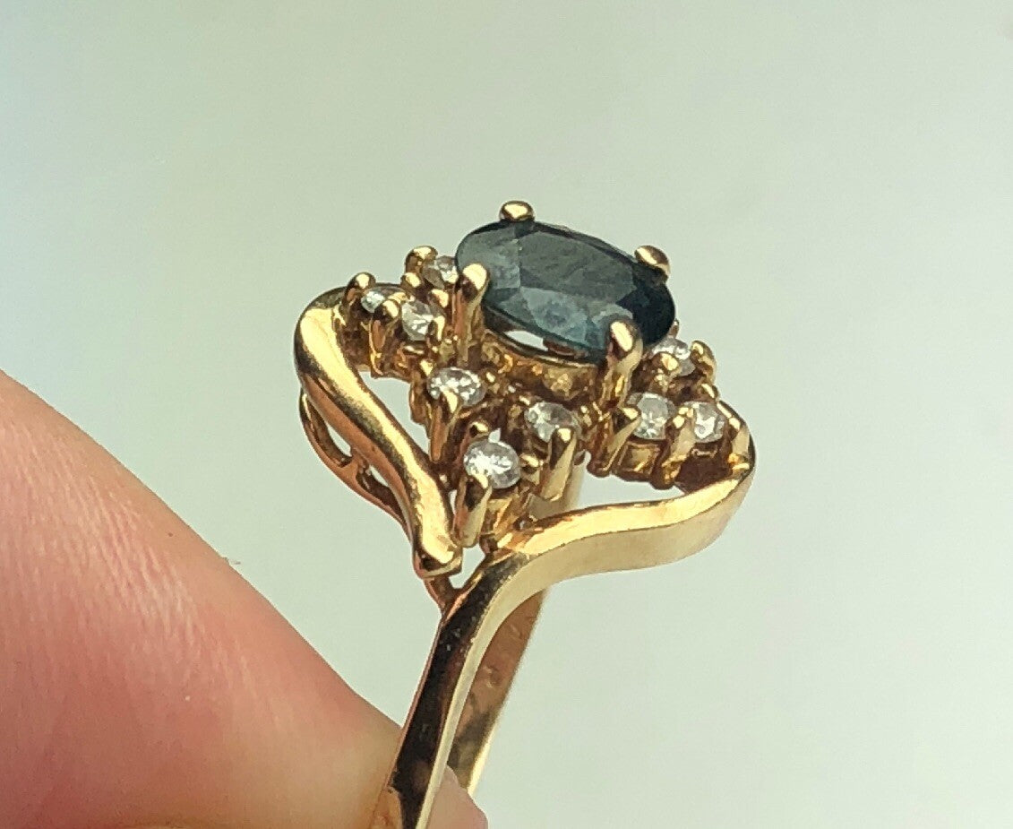 Designer 14K Yellow Gold Diamond Sapphire September Anniversary Cocktail Ring