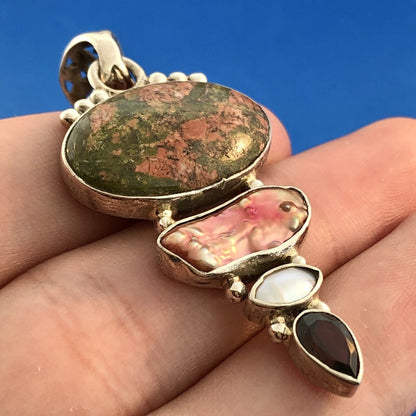 Sterling Silver 925 Unakite Mother Of Pearl Garnet Pearl Statement Pendant