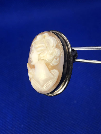 Victorian 800 Fine Silver Carved Woman Cameo Oval Pin Brooch Pendant