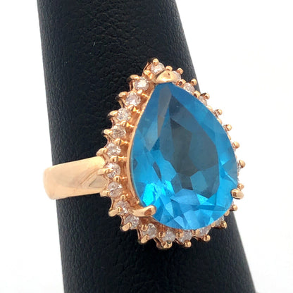 10K Yellow Gold Pear Blue Topaz Diamond Halo Statement Cocktail Ring