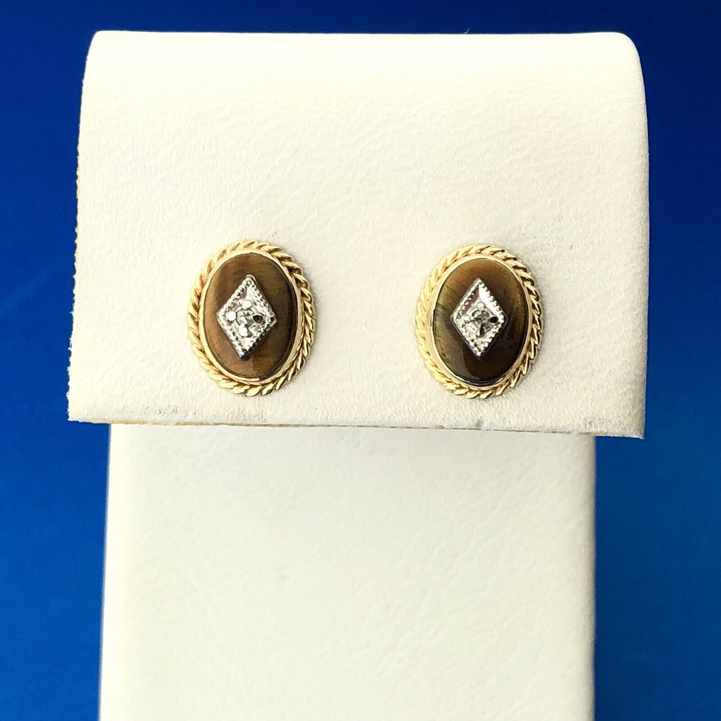 Retro 14K Yellow White Gold Oval Tiger Eye Cabochon Diamond Accent Stud Earrings