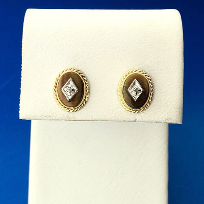 Retro 14K Yellow White Gold Oval Tiger Eye Cabochon Diamond Accent Stud Earrings