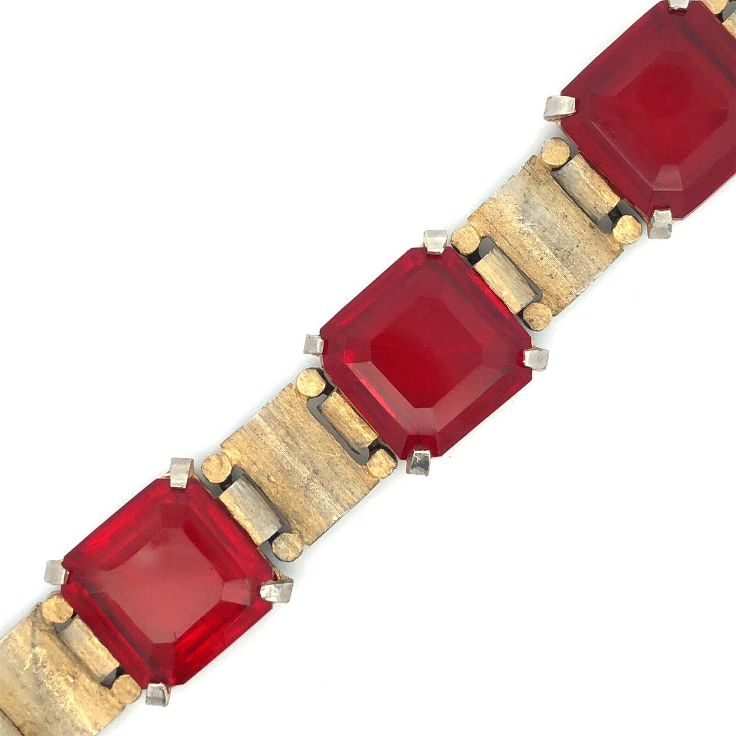 Chunky Funky 70's Runway Couture Gold Tone Square Red Glass Modernist Bracelet