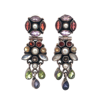 925 Sterling Silver Mixed Shaped Gemstone Floral Dangle Stud Earrings