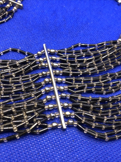 Vintage Silver Tone Black White Silver Bead Statement Cleopatra Collar Necklace