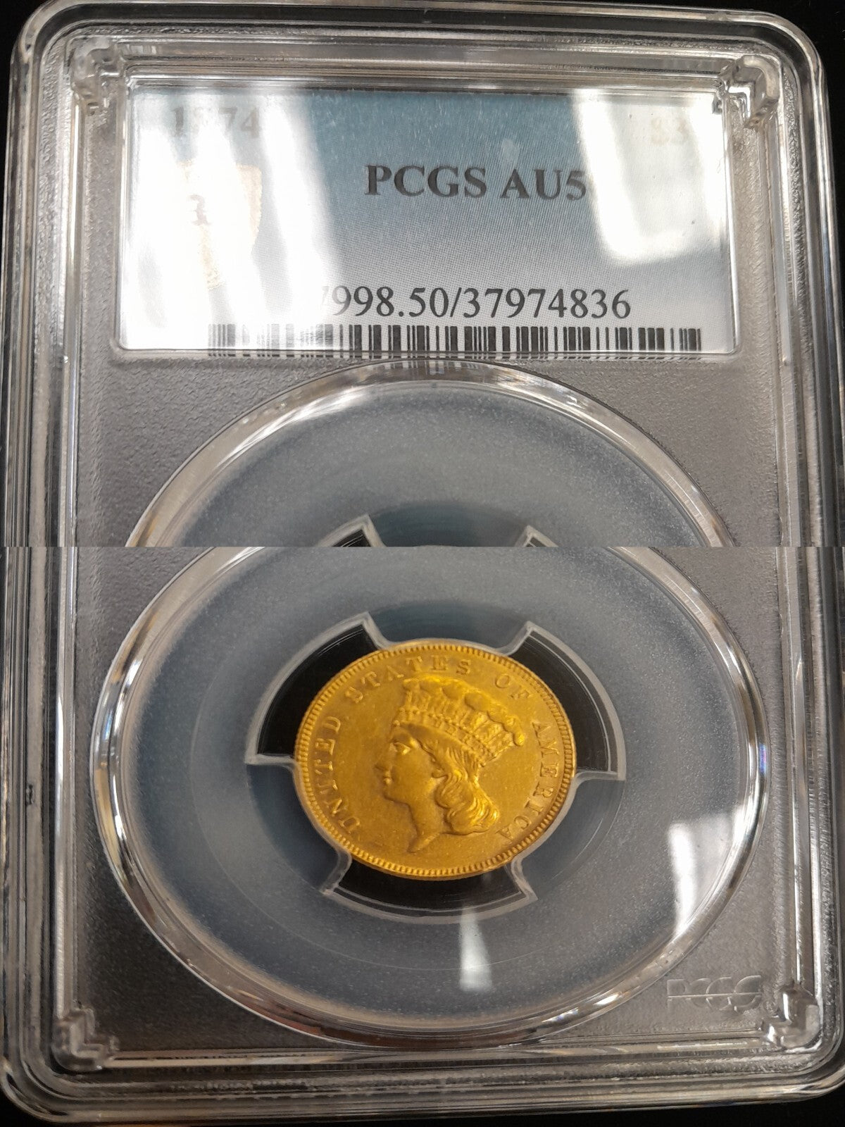 1874 $3 Gold Coin PCGS AU-50