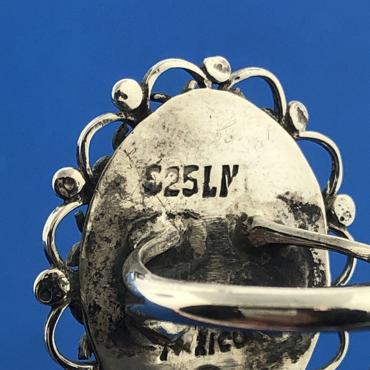 Taxco Mexican Designer LM Sterling Silver 925 Sky Blue Art Resin Ring Size 6.25