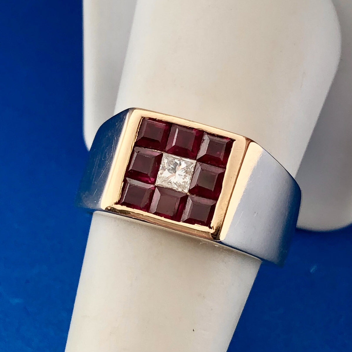 Retro 18K Yellow Gold Diamond Ruby Halo Channel Set Square Dome Unisex Ring