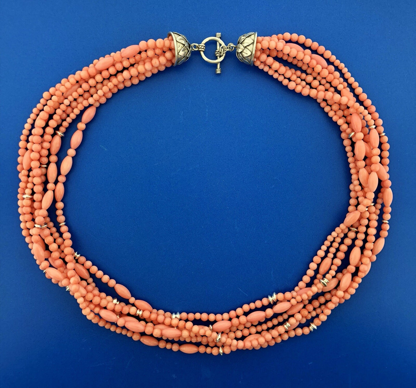 Fantastic Sterling Silver 925 Coral Silver Bead 7 Strand Statement Necklace