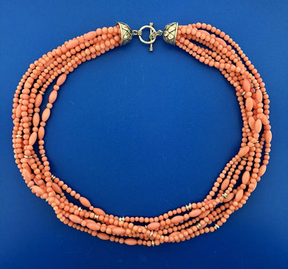 Fantastic Sterling Silver 925 Coral Silver Bead 7 Strand Statement Necklace