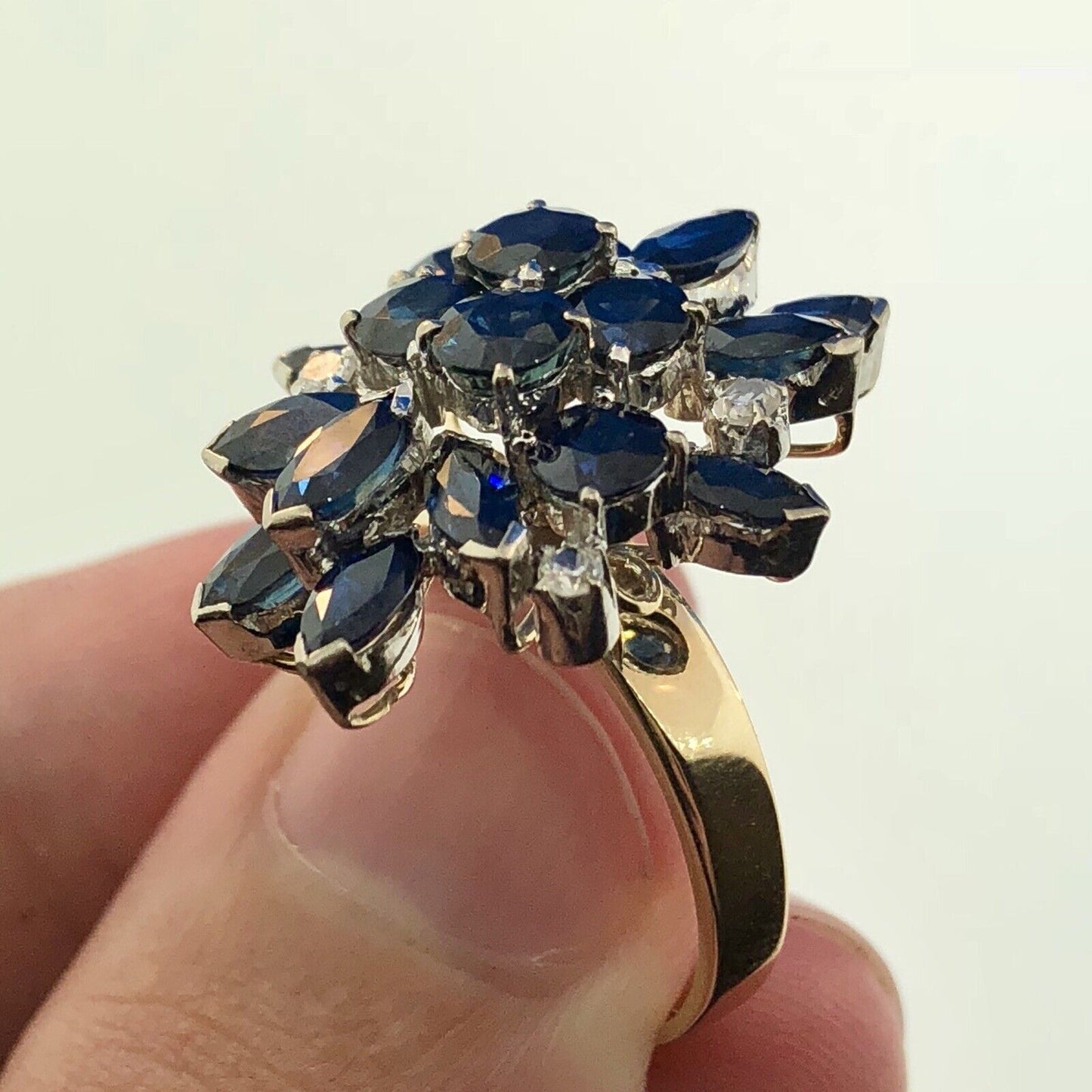 Estate 1982 14K Yellow Gold Sapphire Diamond Waterfall Cluster Statement Ring