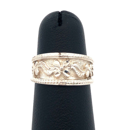 Designer 925 Sterling Silver Floral Detailed Stackable Tapered Wide Band Ring