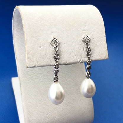 Elegant 14K White Gold Diamond Pearl Bridal Anniversary Drop Dangle Earrings