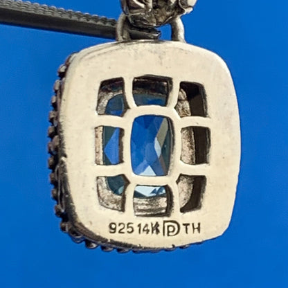 Designer 925 Sterling Silver 14K Gold Cushion Cut Blue Topaz Omega Back Earrings