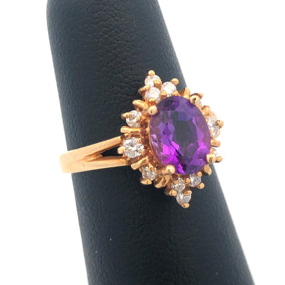 14K Yellow Gold Amethyst Diamond Halo Starburst Cluster February Cocktail Ring