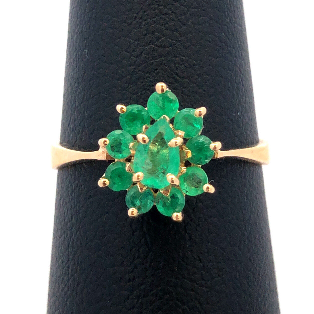 18K Yellow Gold Estate Emerald Floral Cluster May Anniversary Cocktail Ring