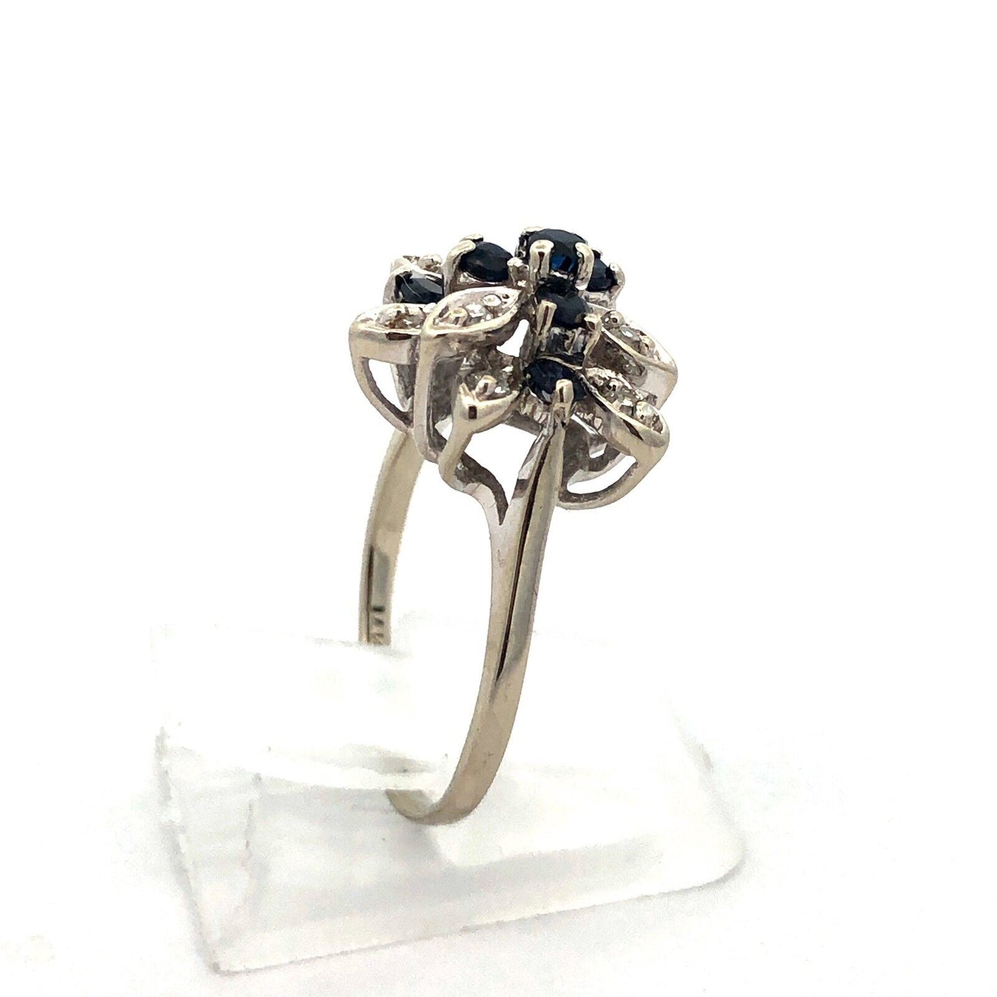 Designer 14K White Gold Sapphire Diamond Leaf Cluster Cocktail Ring