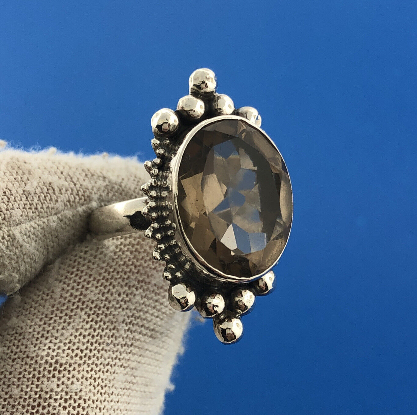 Stunning Sterling Silver 925 Oval Cut Grey Smoky Quartz Statement Ring Size 9