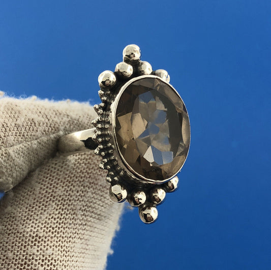 Stunning Sterling Silver 925 Oval Cut Grey Smoky Quartz Statement Ring Size 9