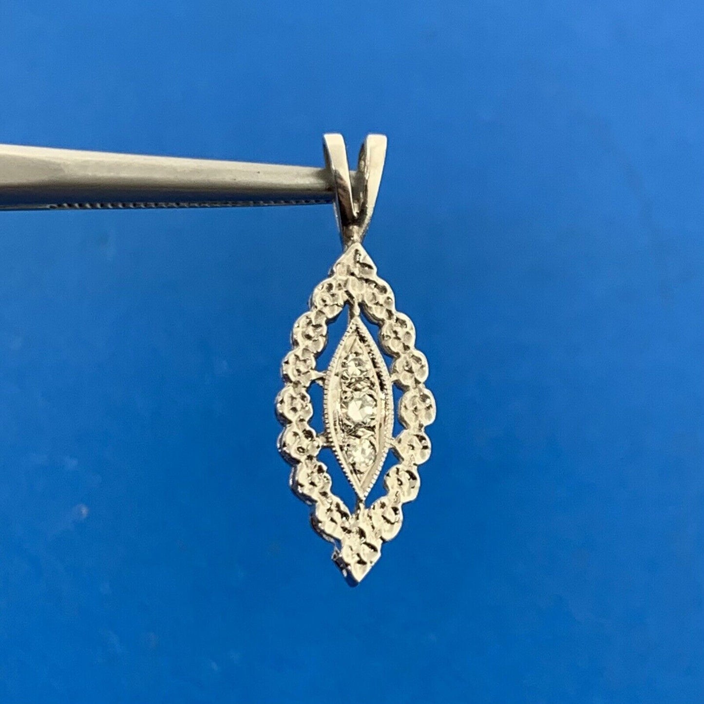 Vintage 14K White Gold Round Diamond Trio Marquise Shaped Pendant
