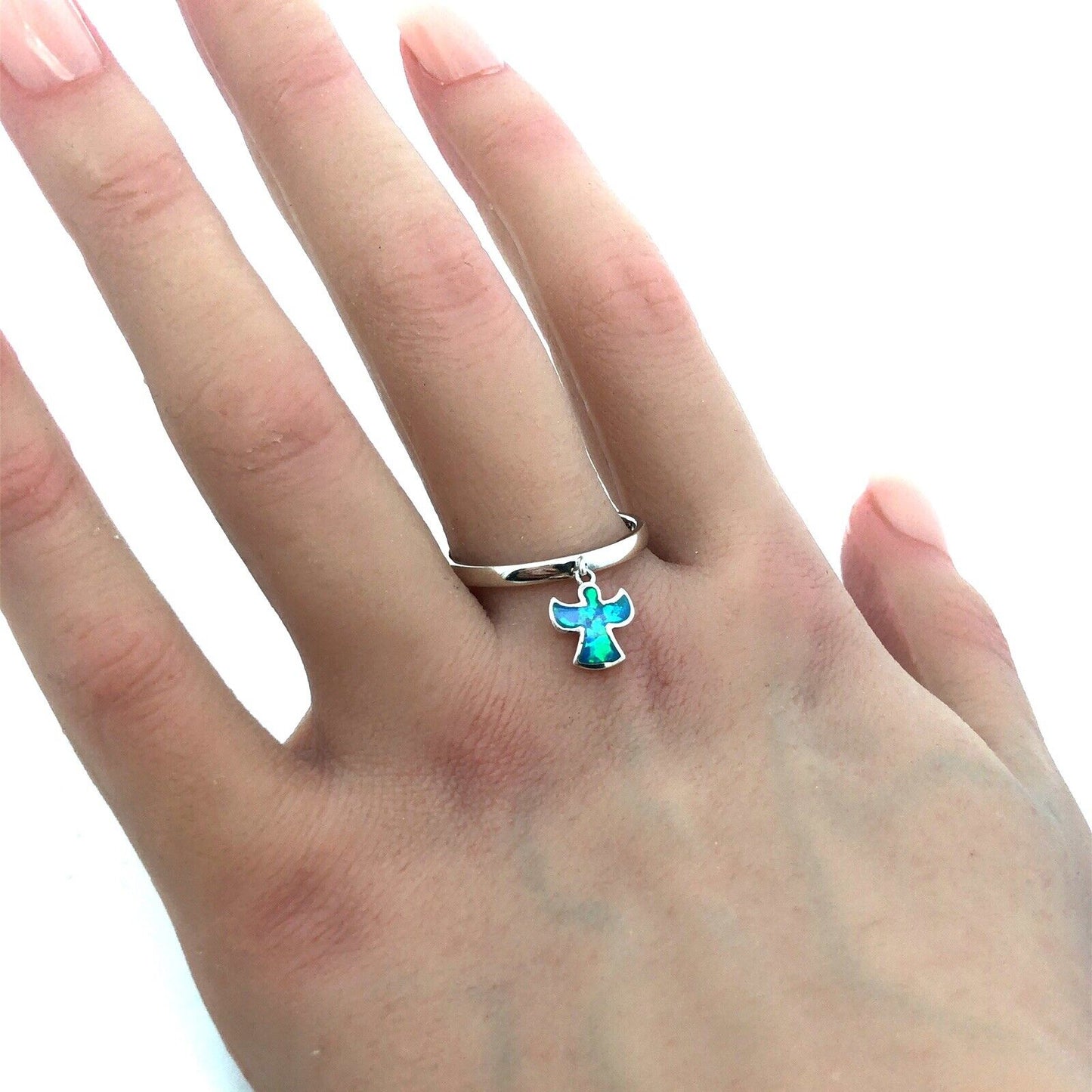 Designer Michael Anthony 925 Sterling Silver Blue Opal Angel Charm Band Ring