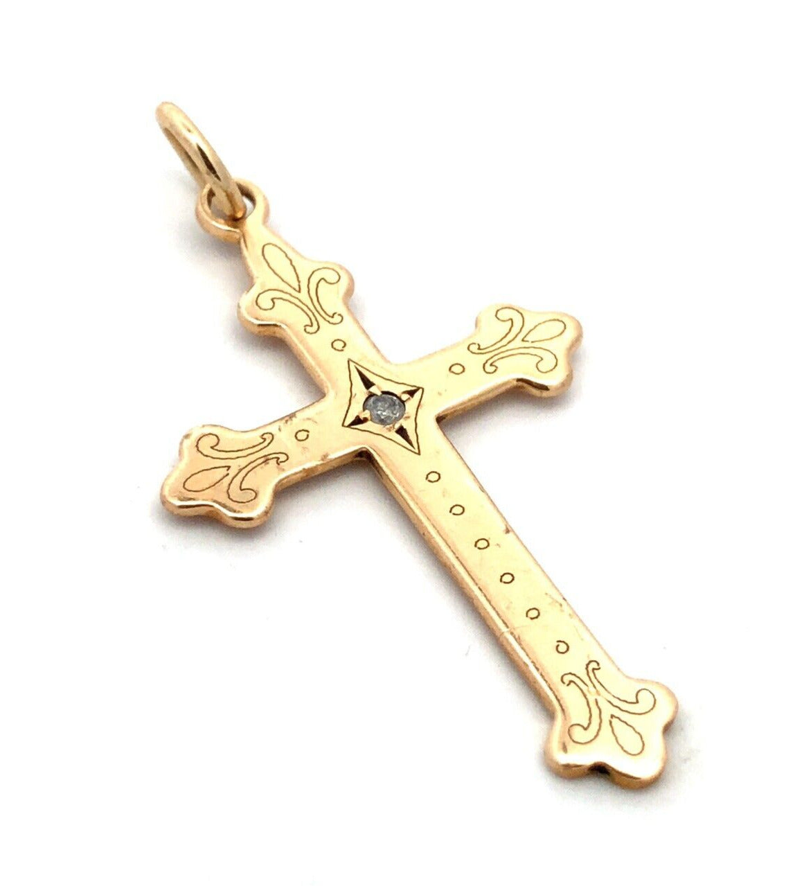 Designer 14K Yellow Gold Round Diamond Solitaire Polished Cross Pendant