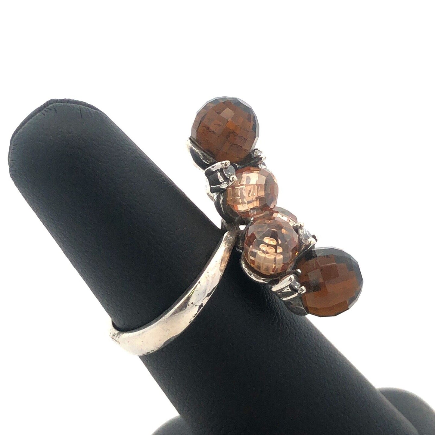 Vintage 925 Sterling Silver Faceted Brown White Cubic Zirconia Ball Cluster Ring